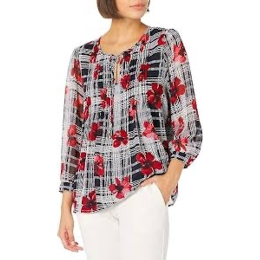 Tommy Hilfiger Blouse Womens M Red Black Floral Plaid Exc‎
